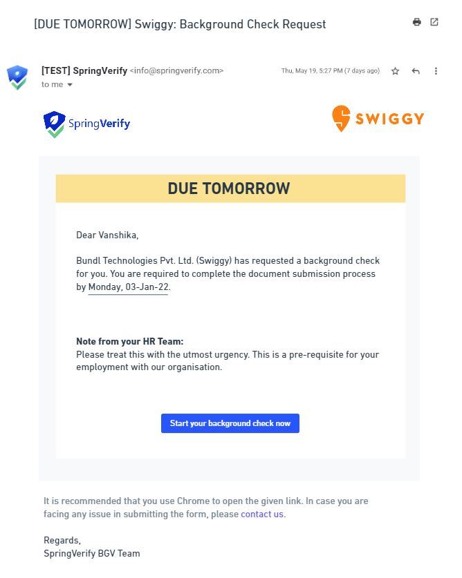 Swiggy: Background Check Request - Email