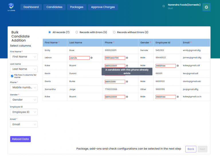 Bulk Candidate Addition - Select Columns